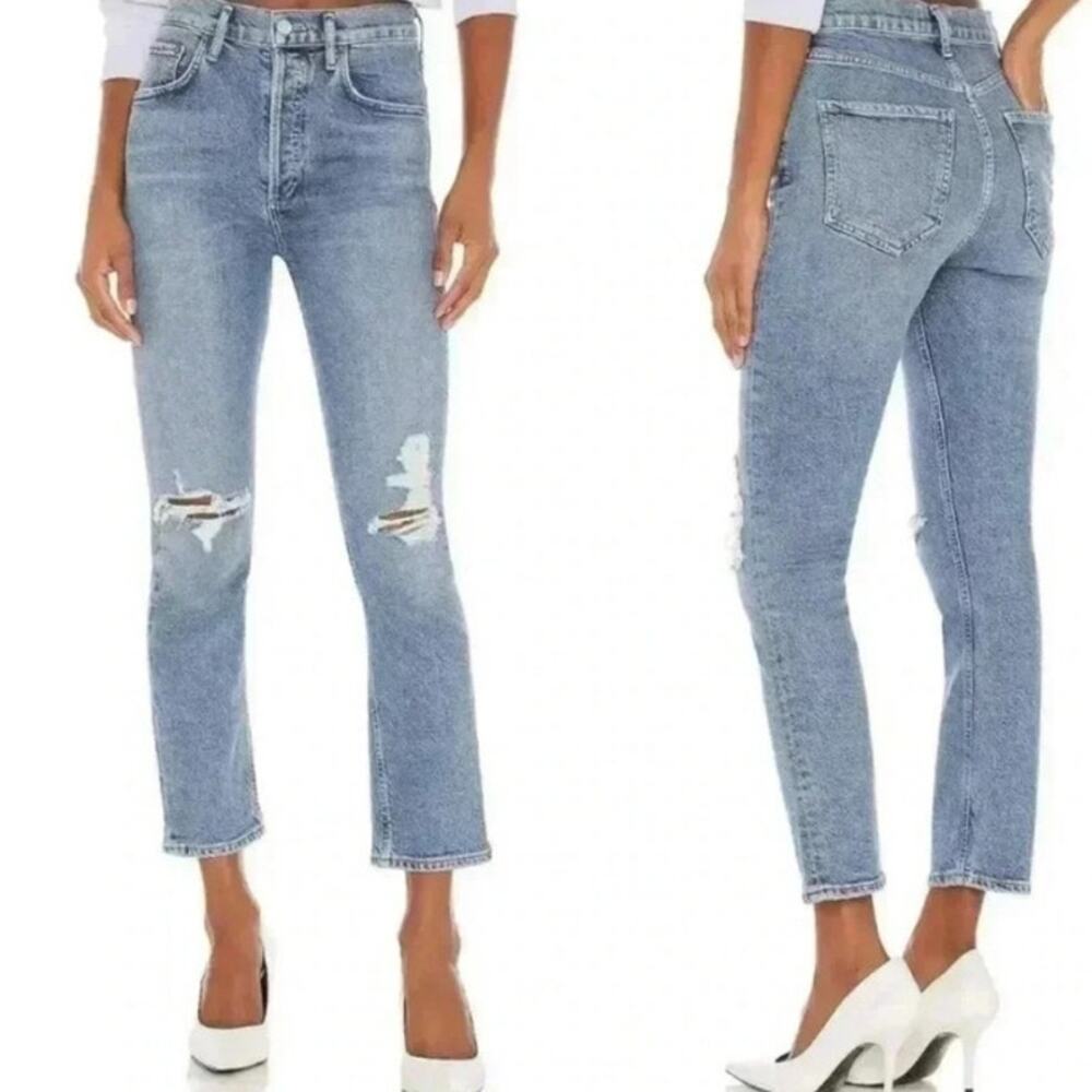Agolde Riley jeans high rise straight crop distressed button fly
